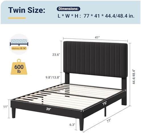 allewie twin bed frame, velvet upholstered platform bed shown in use