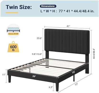 allewie twin bed frame, velvet upholstered platform bed shown in use