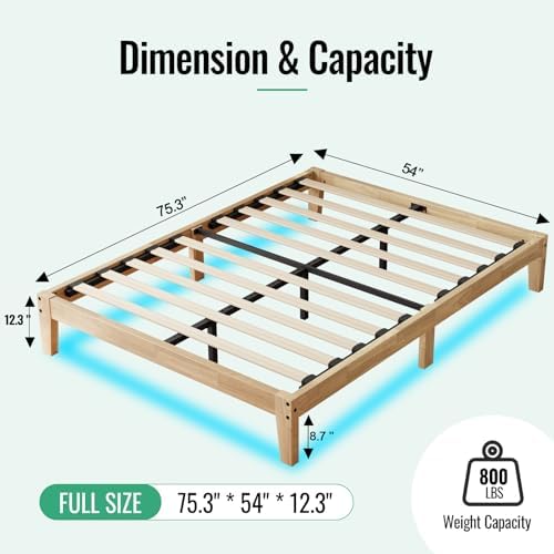 full size solid wood platform bed with led shown in use