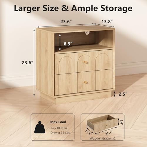 arched design nightstand with charging station, 2 drawers shown in use
