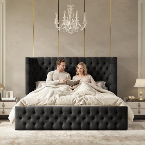 jocisland king size bed frame upholstered sleigh headboard&footboard,black, close-up detail