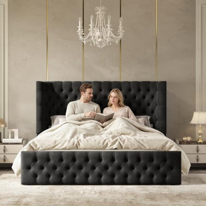 jocisland king size bed frame upholstered sleigh headboard&footboard,black, close-up detail