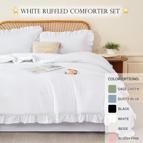 zrnbast white ruffle bedding set twin, 5-piece bed, front angle view