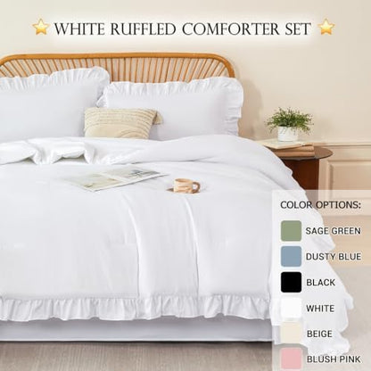 zrnbast white ruffle bedding set twin, 5-piece bed, front angle view