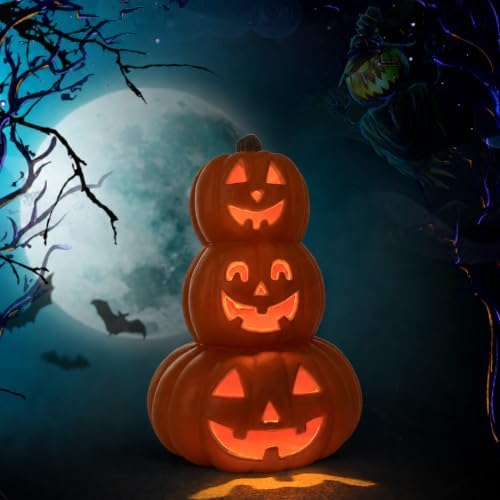 Evelyne Stacked Jack-O’-Lantern Pumpkin Decoration – 3-Tier Light-Up Halloween Gourd HDPE Plastic – Indoor/Outdoor Fall Decor with Happy Ghost Faces – Cute Pumpkin Tower for Porch Tabletop