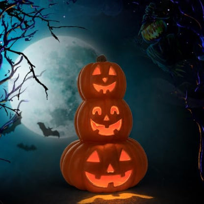 Evelyne Stacked Jack-O’-Lantern Pumpkin Decoration – 3-Tier Light-Up Halloween Gourd HDPE Plastic – Indoor/Outdoor Fall Decor with Happy Ghost Faces – Cute Pumpkin Tower for Porch Tabletop