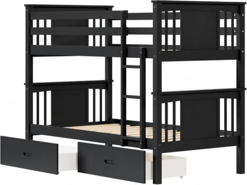 FUQARHY Solid Wood Twin-Over-Twin Bunk Bed with 2 Storage Drawers