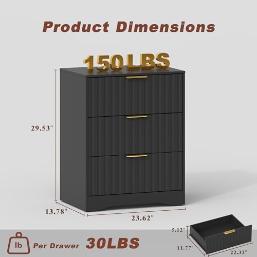 3 drawer dresser, fluted nightstand with storage,black shown in use