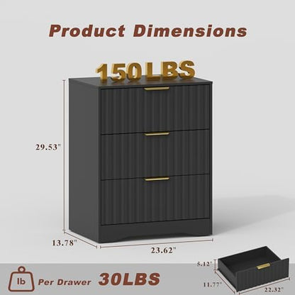 3 drawer dresser, fluted nightstand with storage,black shown in use