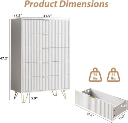 white 5 drawer dresser for bedroom, fluted dresser shown in use