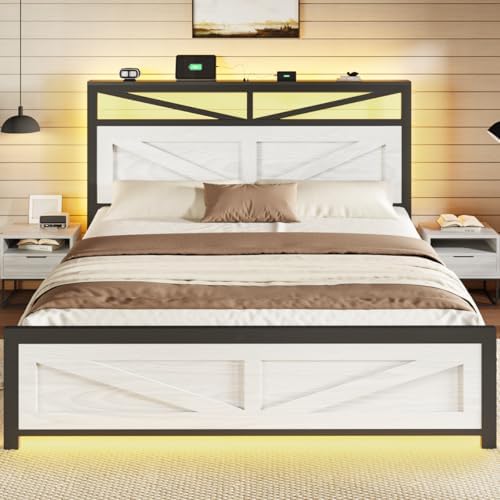 rustic king bed frame with barn door headboard, close-up detail