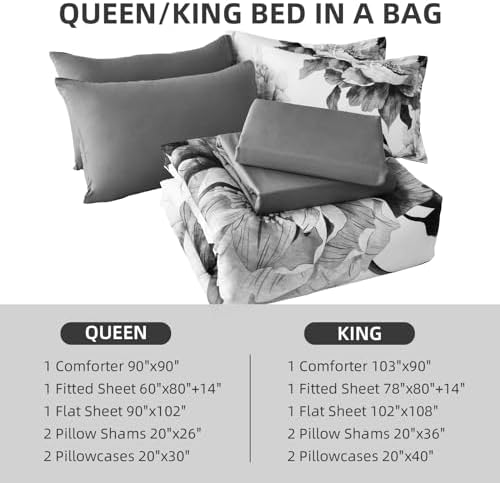 Dobuyly Grey Queen Comforter Set 7 Piece Bed in a Bag, Gray Floral Printed on...