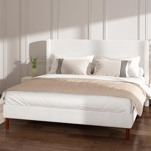 king bed frame, boucle upholstered platform bed with, close-up detail