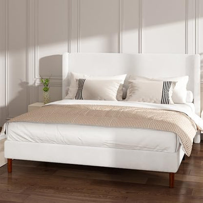 king bed frame, boucle upholstered platform bed with, close-up detail