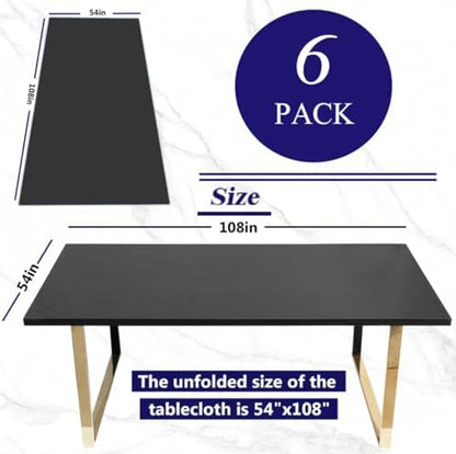 [6 Pack] Black Paper Tablecloths Disposable for Rectangle Tables, 54 X 108 Inch Party Table Cover with Plastic Backing, Waterproof 3 Ply Table Cloth for Halloween Banquet Parties, New Pattern