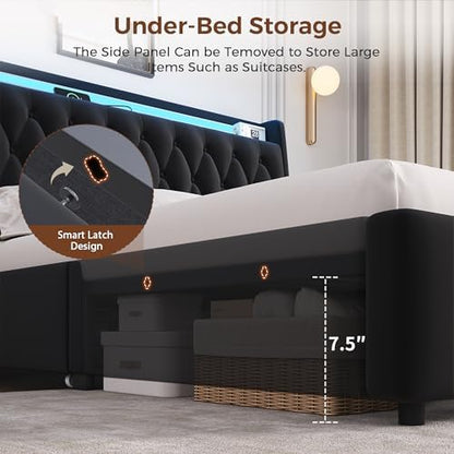queen led velvet bed frame with 2 storage, side view