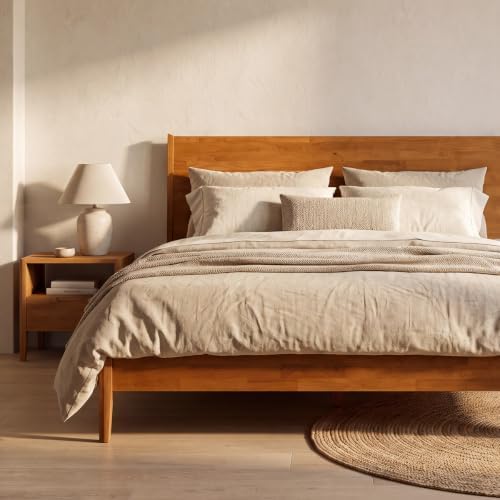 acacia haven queen bed frame and headboard, platform, side view