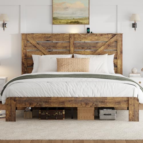 king farmhouse bed frame with headboard, led lights, close-up detail
