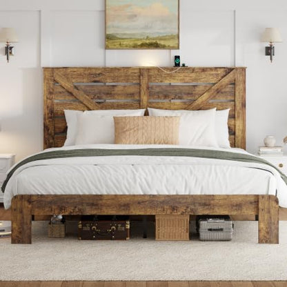 king farmhouse bed frame with headboard, led lights, close-up detail