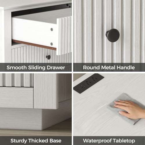 24" wide white fluted nightstand with 3 drawers showing dimensions