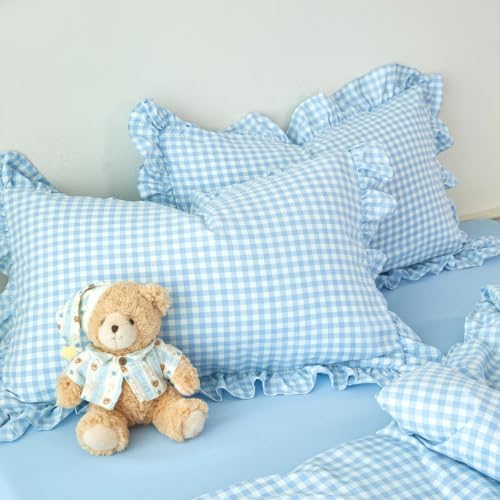 SUCSES Blue Ruffle Gingham Comforter Sets 5 Pieces King Plaid Bed in a Bag Fa...