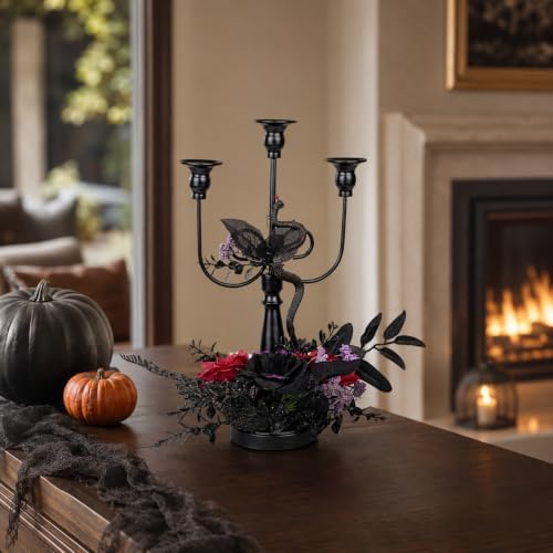 Halloween Candle Holder, 3 Arms Metal Candelabra, Black Candlestick Holder, Gothic Spooky Halloween Decor for Coffee Table/Dining Table Centerpiece, 18" Height
