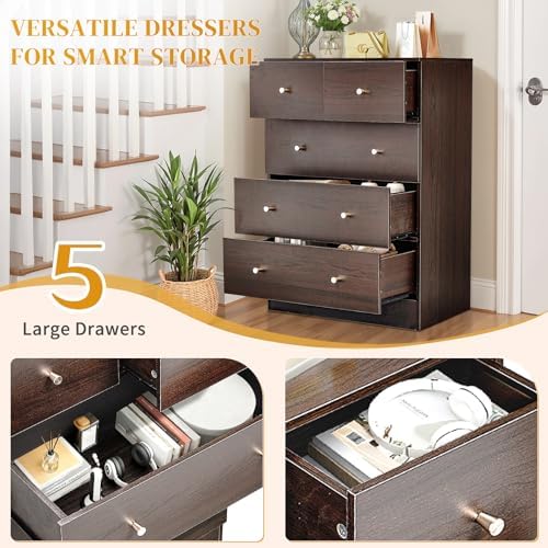 karl home brown 5 drawer tall dresser,rustic wood showing dimensions