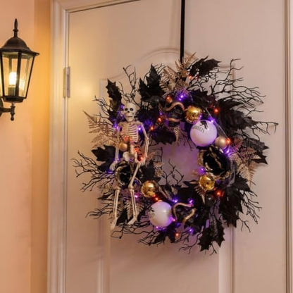 DecorbyHannah 24'' Skeleton Halloween Wreath with Lights for Front Door