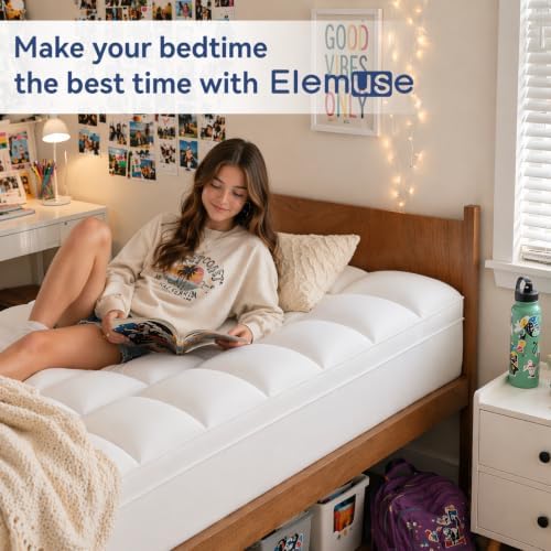 elemuse twin mattress topper, extra thick pillow top showing dimensions