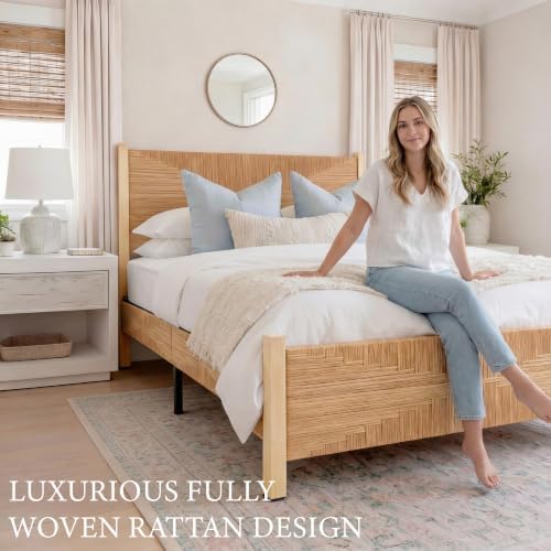 yechen solid wood rattan queen bed frame with showing dimensions