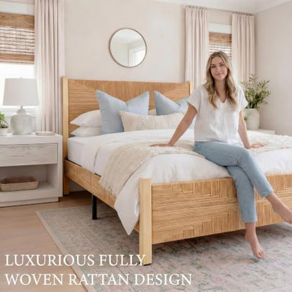 yechen solid wood rattan queen bed frame with showing dimensions