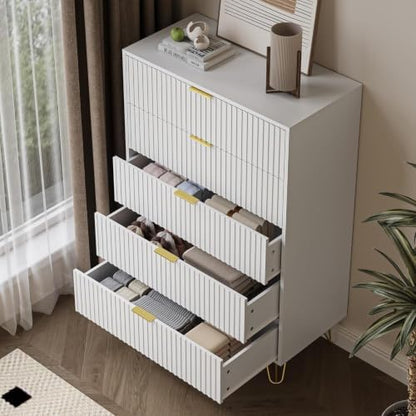 white 5 drawer dresser for bedroom, fluted dresser, side view