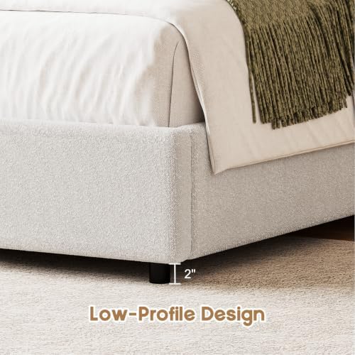 revominca twin size bed frame, boucle upholstered platform, side view