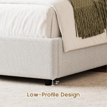 revominca twin size bed frame, boucle upholstered platform, side view