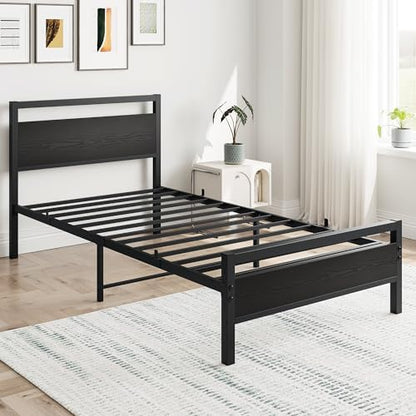 hojinlinero black twin bed frame with wood headboard,single on a desk or shelf