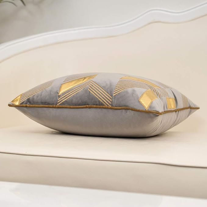 Alerfa 20 x 20 Inches Gray Geometric Gold Leather Striped Cushion Cases - Image 3