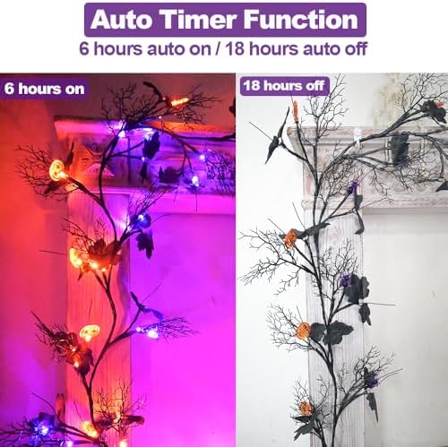Halloween Garland with Lights 8.86FT 72LED Willow Vine Twig with Timer Black Garland Lights with Orange Pumpkins Purple Spiders and Black Leaves Dead Branches Halloween Decorations Indoor Outdoor