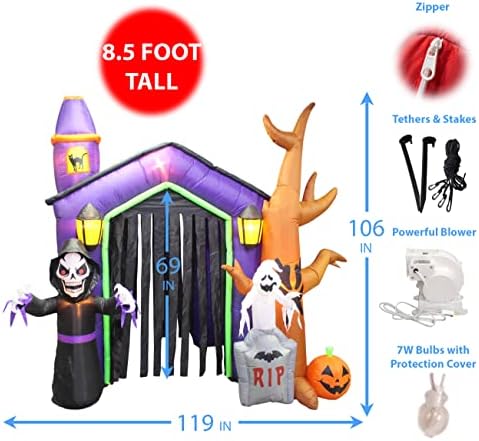 8.5 Foot Halloween Inflatable Haunted House Castle with Skeleton, Ghost & Skulls