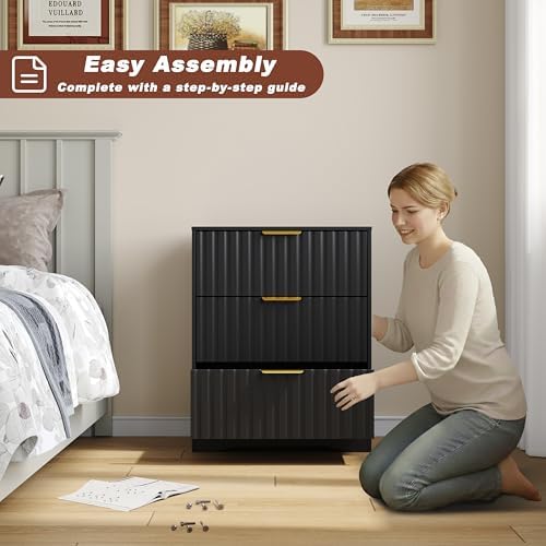 3 drawer dresser, fluted nightstand with storage,black on a desk or shelf