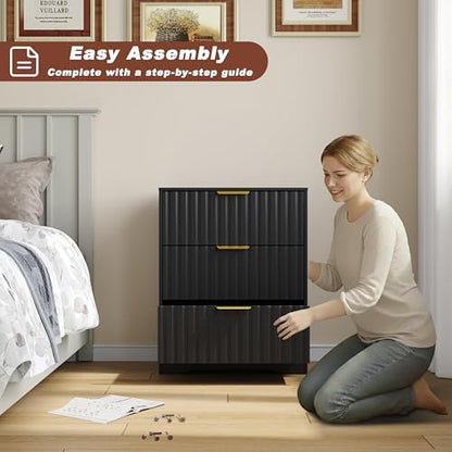 3 drawer dresser, fluted nightstand with storage,black on a desk or shelf