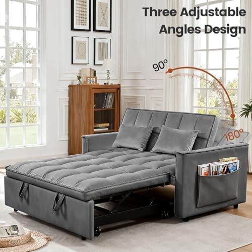 Sleeper Sofa Bed with Adjustable Backrest & Side Pockets, Gray