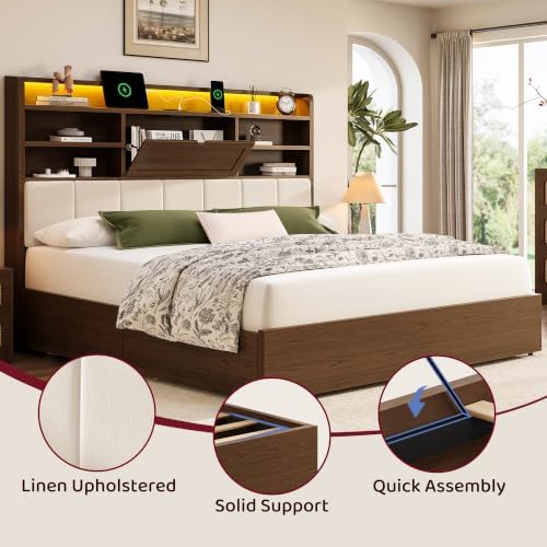 breltam queen size wooden bed frame with 4, front angle view