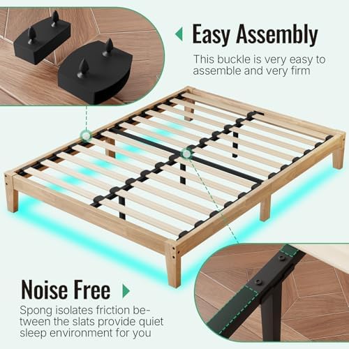 full size solid wood platform bed with led showing dimensions