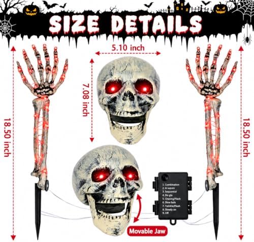 Halloween Skeleton Decorations Outdoor, Light Up Skull Head & Skeleton Hands Stake Lights with Red LED, Battery Operated Halloween Yard Decor for Lawn, Garden, Graveyard, Haunted House & Party