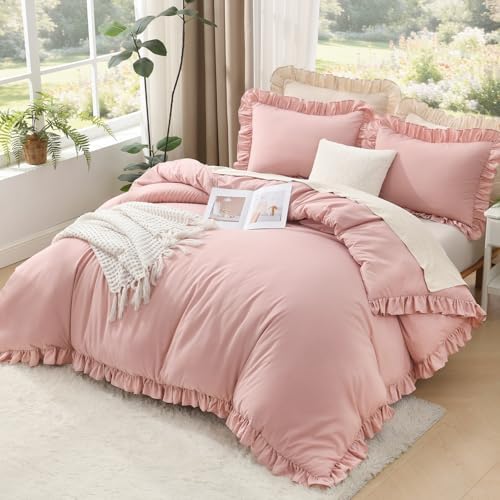 litanika queen comforter set, 3 pieces blush ruffle, close-up detail