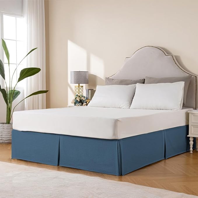MIYE Pleated Waffle Weave Bed Skirt, Tailored Dust Ruffle 16 Inch Drop Easy Fit - Image 3