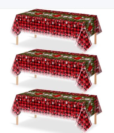 3Pcs Christmas Buffalo Plaid Snowflake Tablecloths, Plastic Red and Black by JectivsPartyDecorations