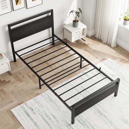 hojinlinero black twin bed frame with wood headboard,single, front angle view