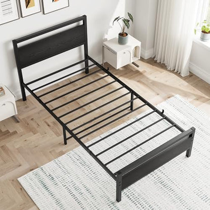 hojinlinero black twin bed frame with wood headboard,single, front angle view