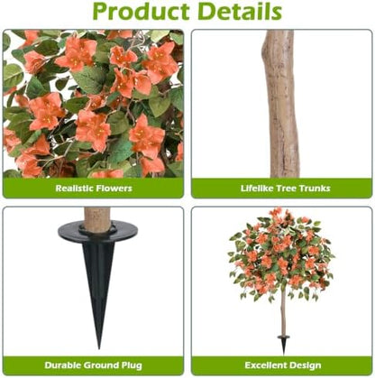 2PCS Fall Tree 4FT Artificial Bougainvillea Tree with Ground Spike UV Resistant Fake Orange Flower Topiary Plants for Outdoor Garden Patio Front Porch Autumn Thanksgiving Halloween Decor